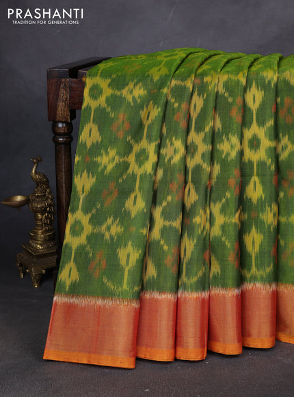 Ikat silk cotton saree light green and sunset orange with allover ikat weaves and zari woven border