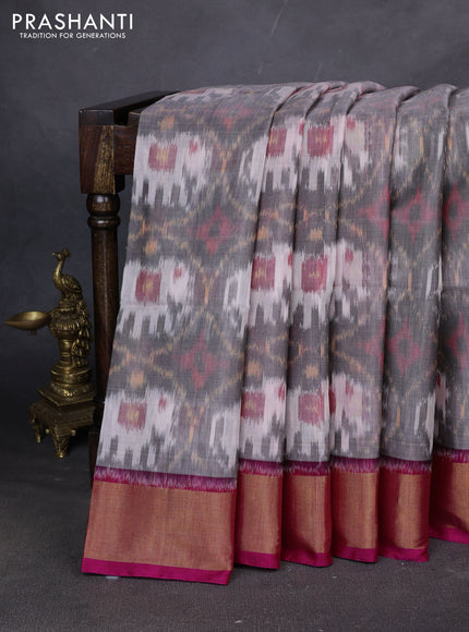 Ikat silk cotton saree grey and pink with allover ikat weaves and zari woven border