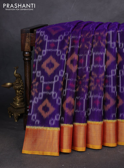 Ikat silk cotton saree blue and mustard yellow with allover ikat weaves and zari woven border