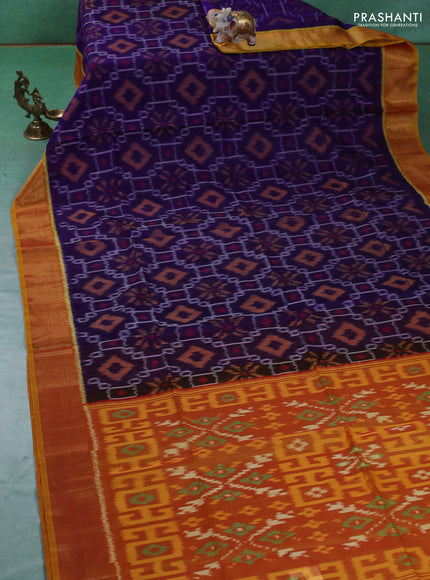 Ikat silk cotton saree blue and mustard yellow with allover ikat weaves and zari woven border