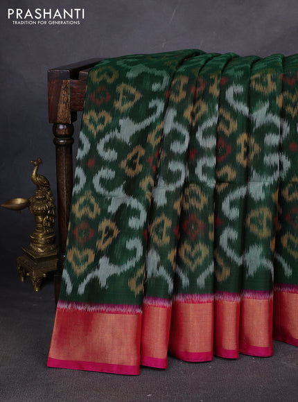Ikat silk cotton saree green and pink with allover ikat weaves and zari woven border