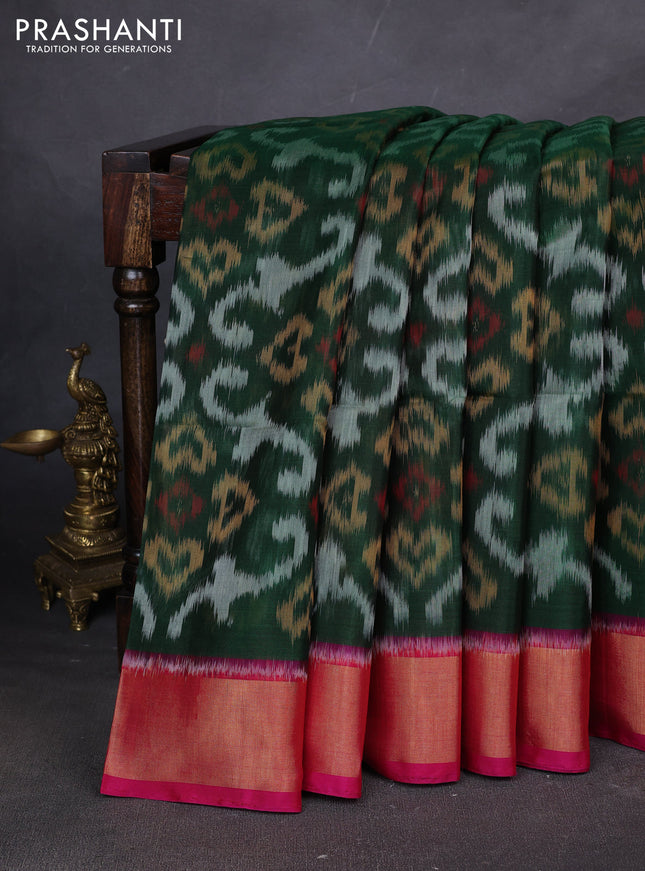 Ikat silk cotton saree green and pink with allover ikat weaves and zari woven border