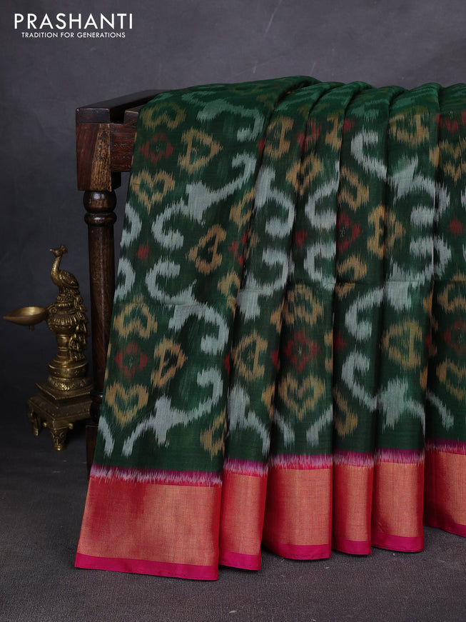 Ikat silk cotton saree green and pink with allover ikat weaves and zari woven border