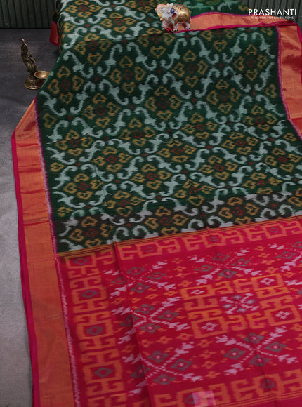 Ikat silk cotton saree green and pink with allover ikat weaves and zari woven border