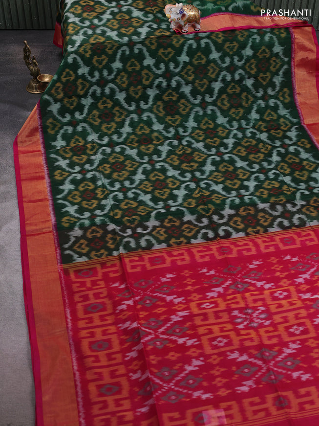 Ikat silk cotton saree green and pink with allover ikat weaves and zari woven border