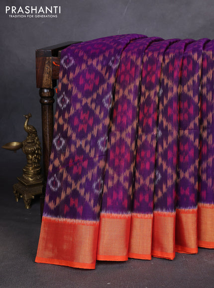 Ikat silk cotton saree violet and orange with allover ikat weaves and zari woven border