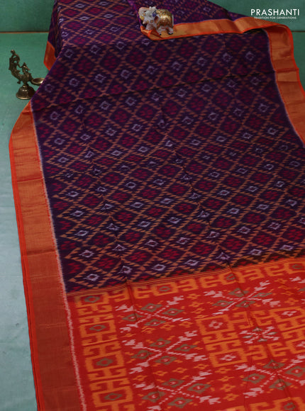 Ikat silk cotton saree violet and orange with allover ikat weaves and zari woven border
