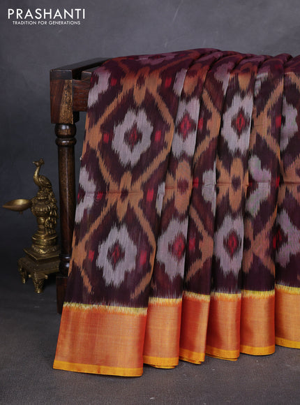 Ikat silk cotton saree coffee brown and mustard yellow with allover ikat weaves and zari woven border