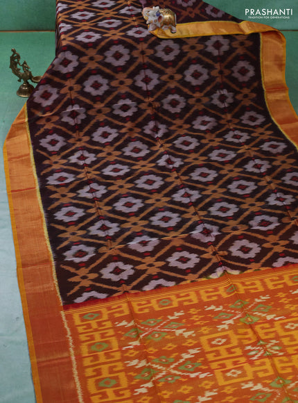 Ikat silk cotton saree coffee brown and mustard yellow with allover ikat weaves and zari woven border