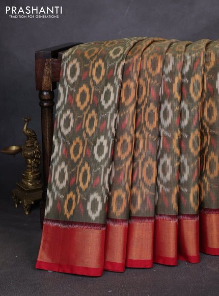 Ikat silk cotton saree grey and red with allover ikat weaves and zari woven border