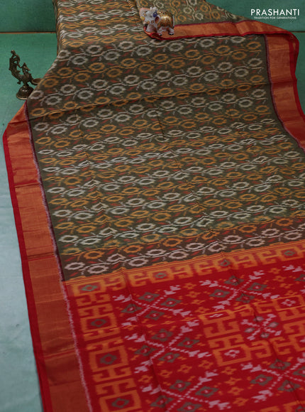 Ikat silk cotton saree grey and red with allover ikat weaves and zari woven border