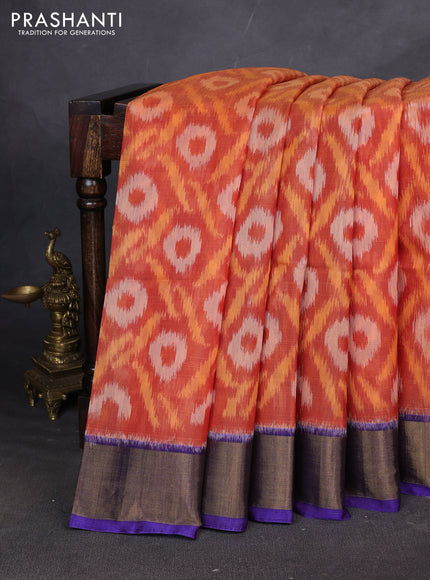 Ikat silk cotton saree orange and violet with allover ikat weaves and zari woven border