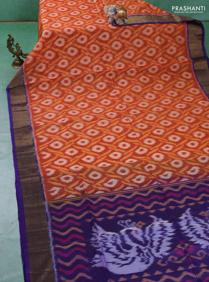 Ikat silk cotton saree orange and violet with allover ikat weaves and zari woven border