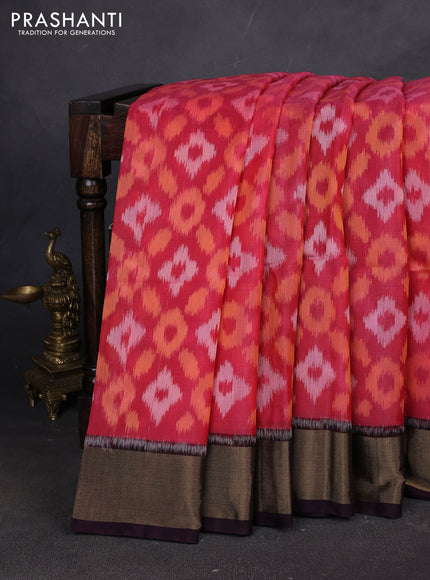Ikat silk cotton saree pink and deep wine with allover ikat weaves and zari woven border