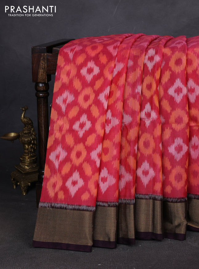 Ikat silk cotton saree pink and deep wine with allover ikat weaves and zari woven border