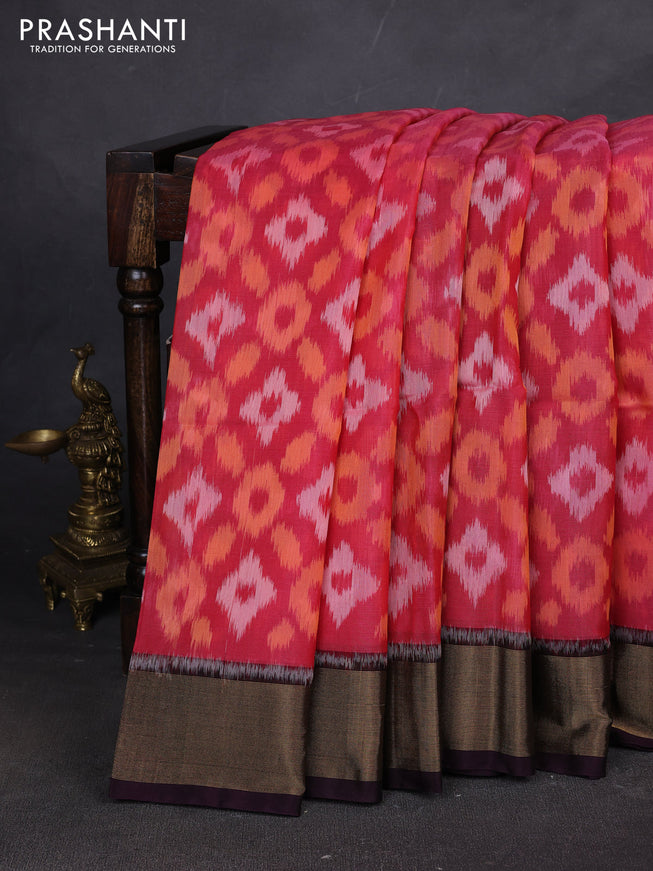 Ikat silk cotton saree pink and deep wine with allover ikat weaves and zari woven border