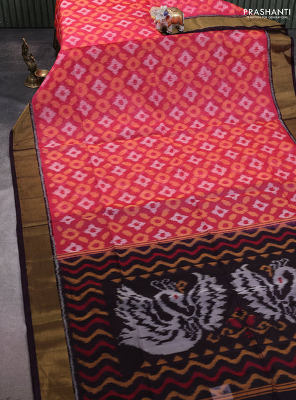 Ikat silk cotton saree pink and deep wine with allover ikat weaves and zari woven border