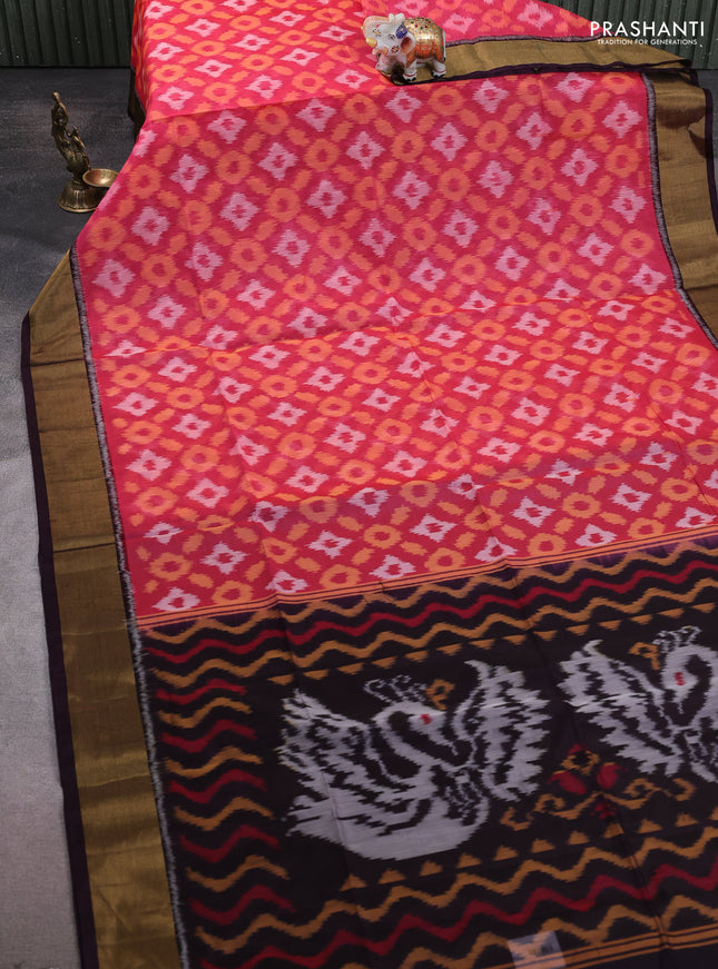 Ikat silk cotton saree pink and deep wine with allover ikat weaves and zari woven border