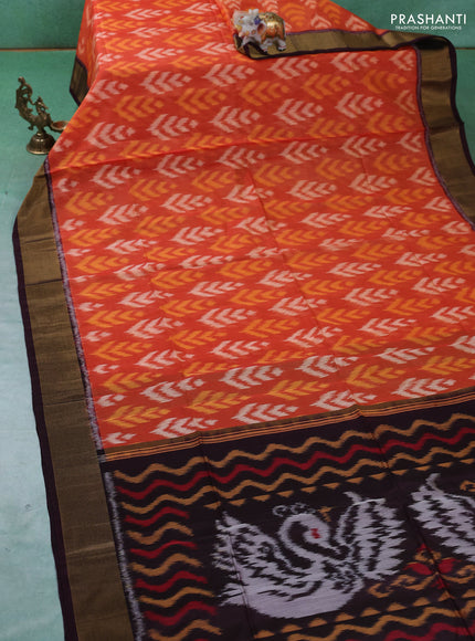 Ikat silk cotton saree orange and deep wine with allover ikat weaves and zari woven border