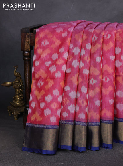 Ikat silk cotton saree pink and blue with allover ikat weaves and zari woven border
