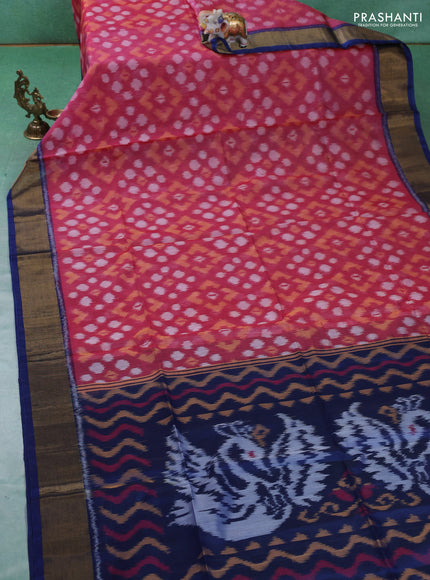 Ikat silk cotton saree pink and blue with allover ikat weaves and zari woven border