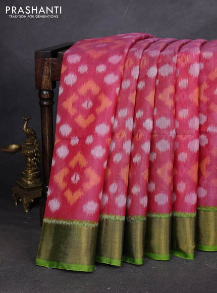 Ikat silk cotton saree pink and light green with allover ikat weaves and zari woven border