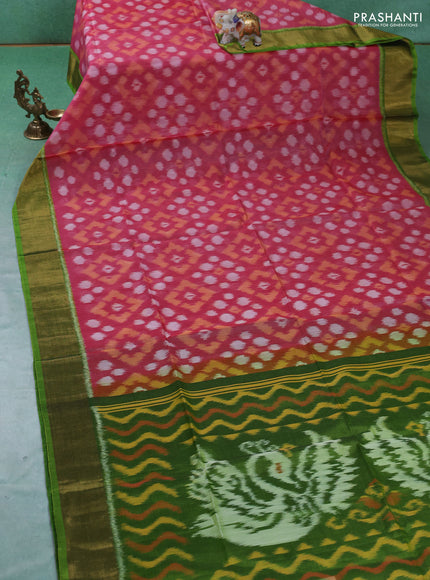 Ikat silk cotton saree pink and light green with allover ikat weaves and zari woven border