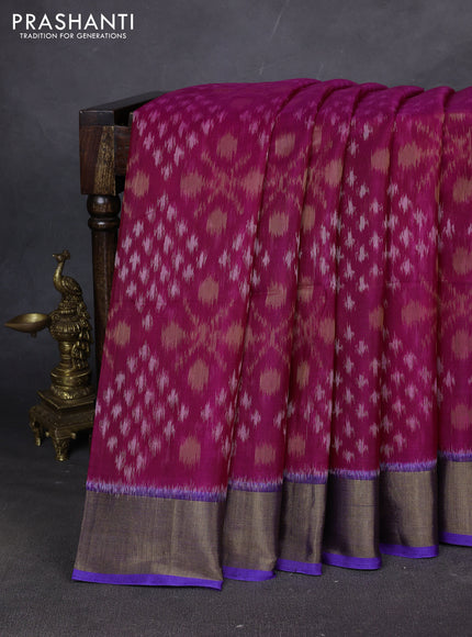 Ikat silk cotton saree pink and blue with allover ikat weaves and zari woven border