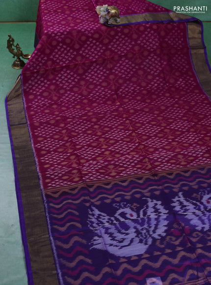 Ikat silk cotton saree pink and blue with allover ikat weaves and zari woven border