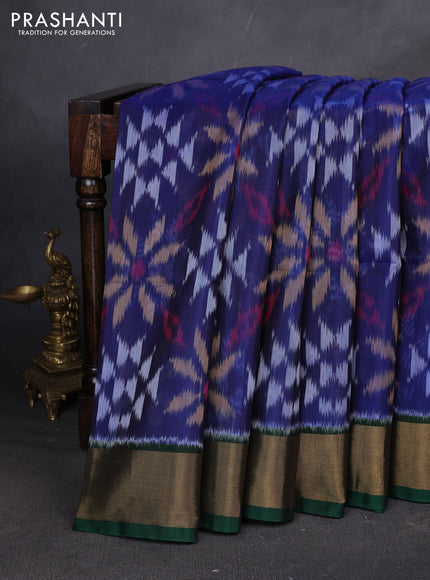 Ikat silk cotton saree blue and green with allover ikat weaves and zari woven border