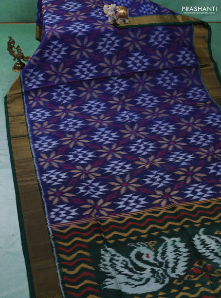 Ikat silk cotton saree blue and green with allover ikat weaves and zari woven border