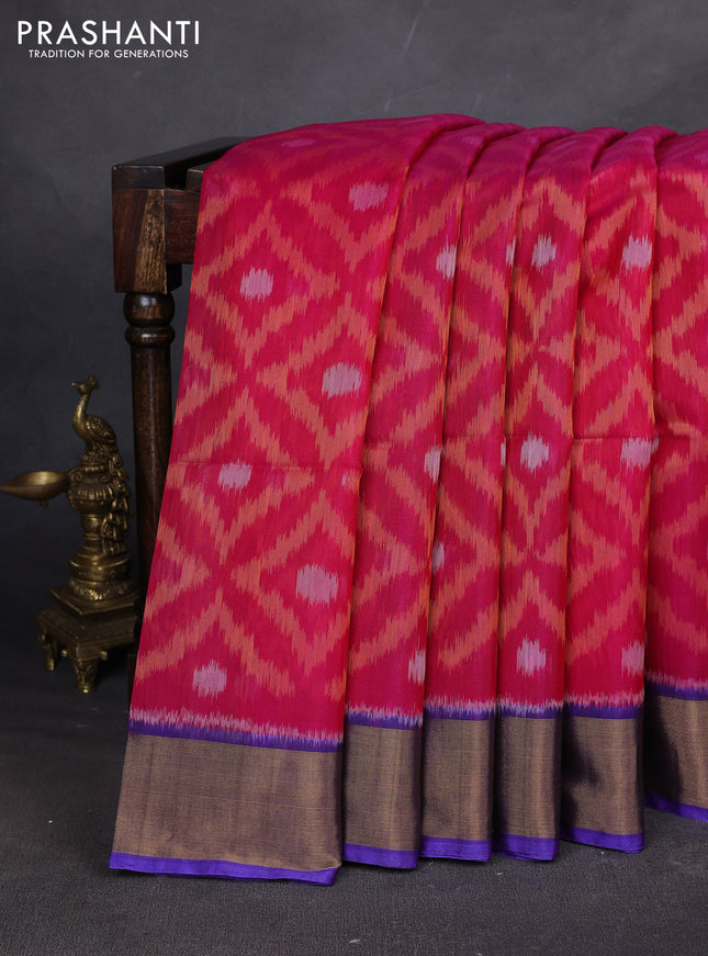 Ikat silk cotton saree pink and blue with allover ikat weaves and zari woven border