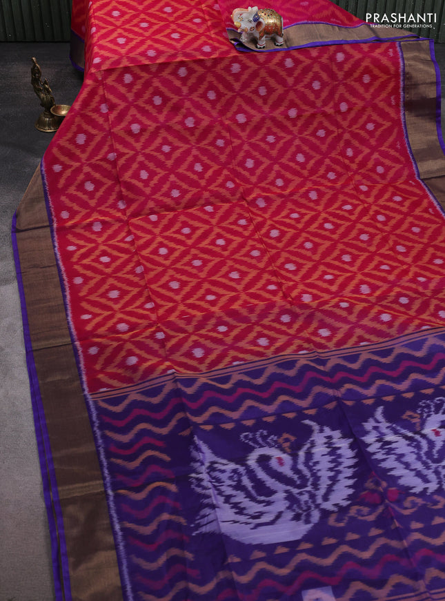 Ikat silk cotton saree pink and blue with allover ikat weaves and zari woven border