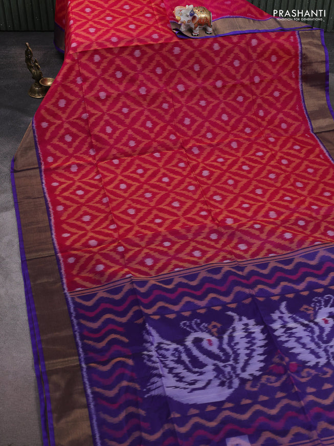 Ikat silk cotton saree pink and blue with allover ikat weaves and zari woven border