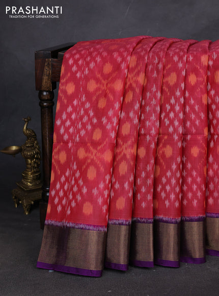 Ikat silk cotton saree dark pink and purple with allover ikat weaves and zari woven border