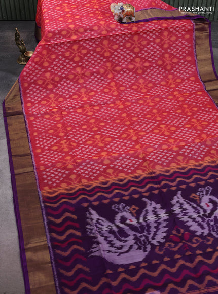Ikat silk cotton saree dark pink and purple with allover ikat weaves and zari woven border