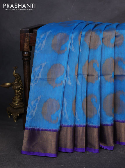 Ikat silk cotton saree cs blue and blue with allover ikat weaves and zari woven border