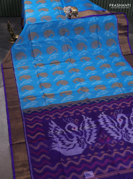 Ikat silk cotton saree cs blue and blue with allover ikat weaves and zari woven border