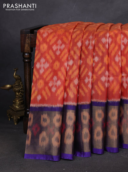 Ikat silk cotton saree orange and blue with allover ikat weaves and ikat woven zari border