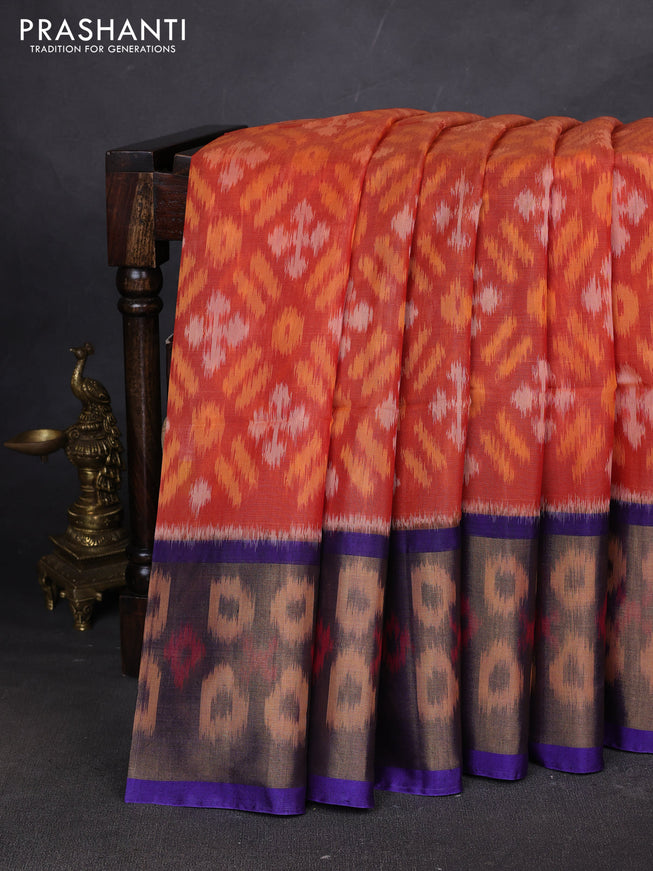 Ikat silk cotton saree orange and blue with allover ikat weaves and ikat woven zari border