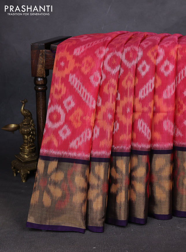 Ikat silk cotton saree pink and blue with allover ikat weaves and ikat woven zari border
