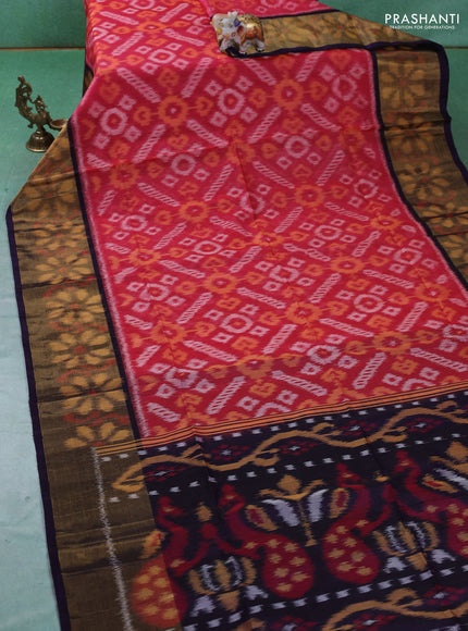Ikat silk cotton saree pink and blue with allover ikat weaves and ikat woven zari border