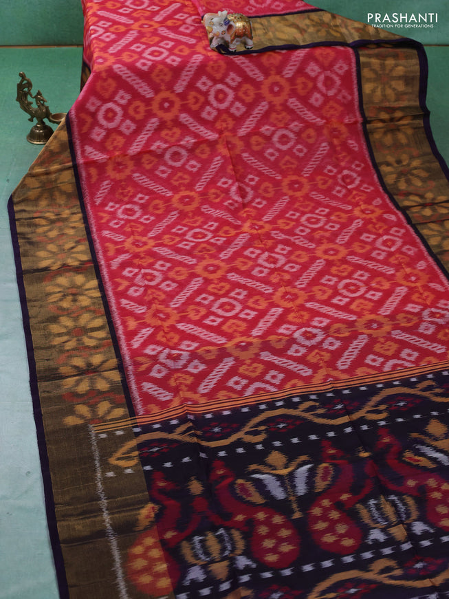 Ikat silk cotton saree pink and blue with allover ikat weaves and ikat woven zari border