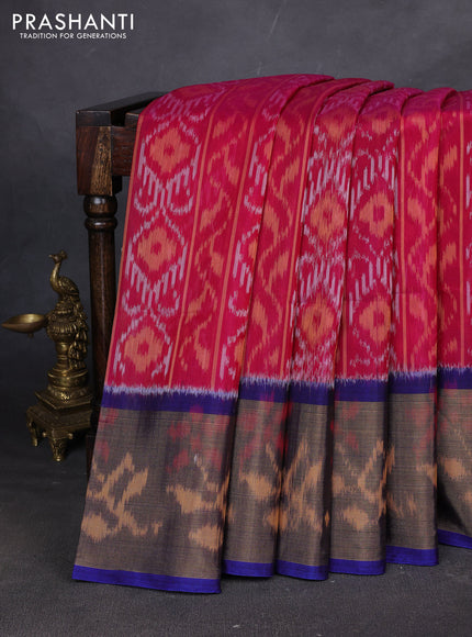 Ikat silk cotton saree pink and blue with allover ikat weaves and ikat woven zari border
