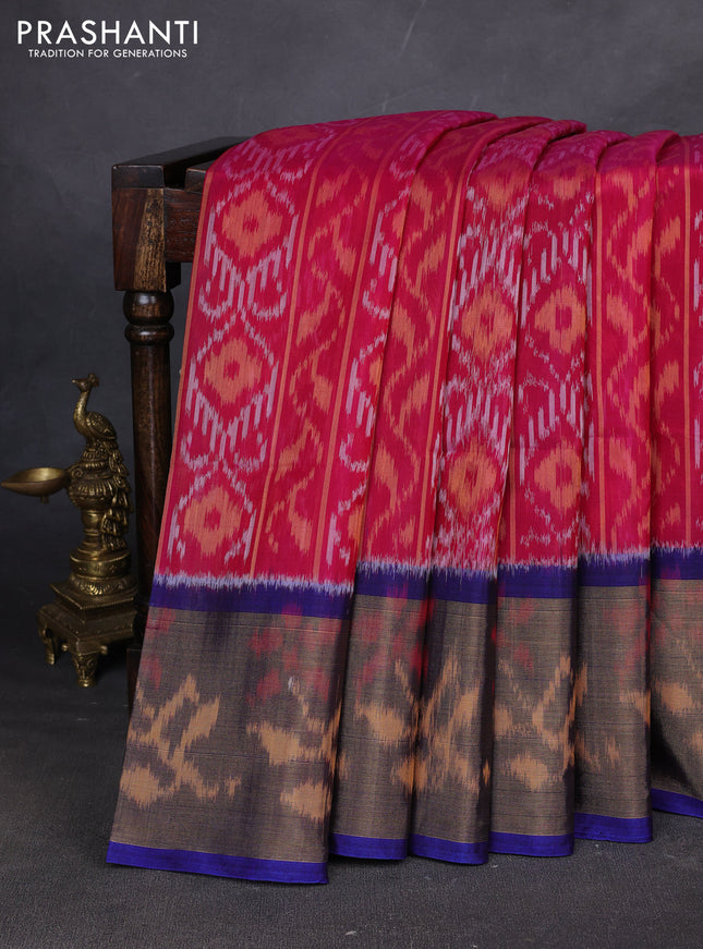 Ikat silk cotton saree pink and blue with allover ikat weaves and ikat woven zari border