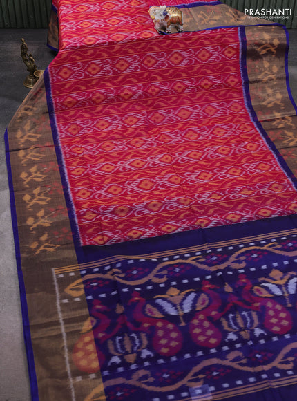 Ikat silk cotton saree pink and blue with allover ikat weaves and ikat woven zari border