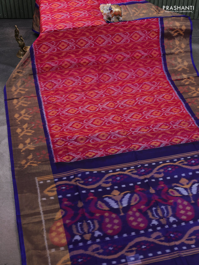 Ikat silk cotton saree pink and blue with allover ikat weaves and ikat woven zari border