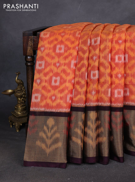 Ikat silk cotton saree orange and deep wine with allover ikat weaves and ikat woven zari border