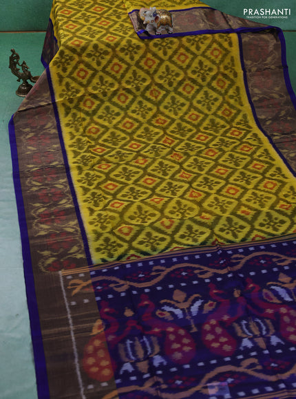 Ikat silk cotton saree yellow and blue with allover ikat weaves and ikat woven zari border
