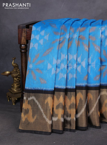 Ikat silk cotton saree cs blue and black with allover ikat weaves and ikat woven zari border